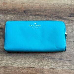 kate spade turquoise zip-around continental wallet with gold logo
